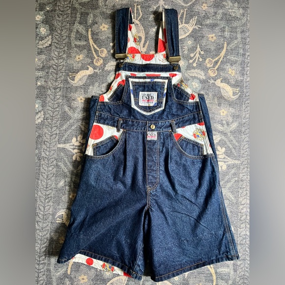 Vintage Get Used By Elie Jean Overalls patchwork festival Shorts - Picture 1 of 4